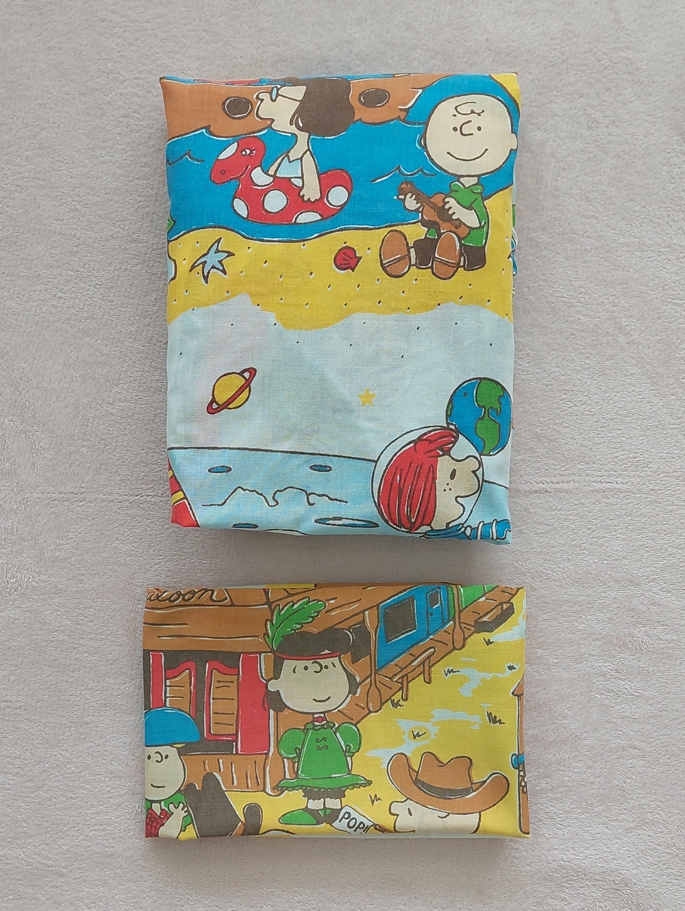 Vintage PEANUTS "Wild West, Space, and Pirates" Twin Fitted Sheet & Pillowcase